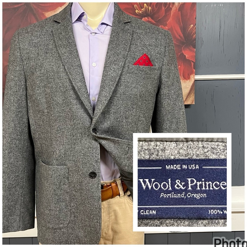 Wool & Prince Blazer Jacket Sport Coat Mens Sz XL (44R) Wool Gray Flannel